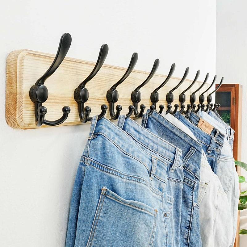 Dseap Coat Rack Wall - Heavy-Duty 38-1/4" Long, with Reinforced 10 Custom Tri-Hooks, Solid Wood Wall Hanger for Coats Hat Jackets - Rustic Farmhouse Entryway Storage, Black, Pack of 2 - Image 2